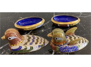 Darling Set Of Cloissone Duck Trinket Dishes One With Wings In Original Box With Celluloid Closure