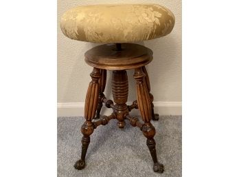Antique Adjustable Piano Stool With Glass Ball Feet & Upholstered Top