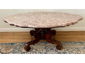 Vintage Pink Marble Top Coffee Table With Dark Wood Carved Base