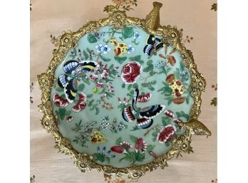 Gorgeous Brass Rimmed Hand Paint Butterfly And Floral Plate With Brass Birds Signed