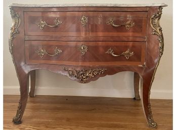 Antique Marble Top Louis Style Bombay Chest With Ornate Brass Trim Two Drawer