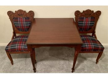 (2) Hand Carved Eastlake Style Walnut Side Chairs Upholstered In Red & Green And A Cherry Wood Table