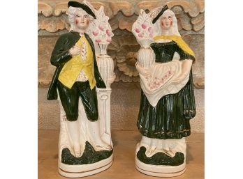 (2) Vintage Staffordshire Pottery Figurines Male & Female With Green Clothes And Flowers