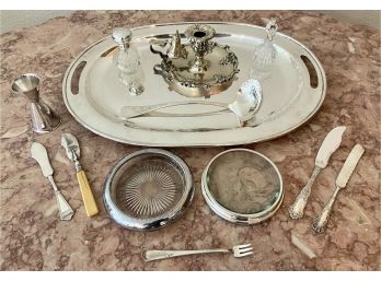Collection Of Silver Plate Large Tray HM,  Candleholder J&B,  Silverware Pairpoint, WM Rogers & Wallace