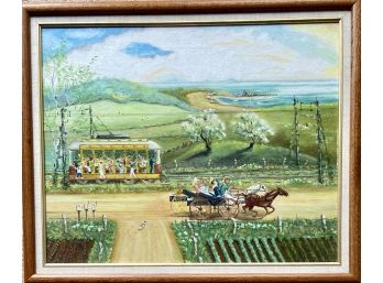 P Koch Oil On Canvas Signed Painting With Wood Frame Trolley Landscape