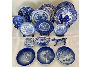 Assorted Blue Plates Including A Tea Pot, Covered Jar & Cow By Crown Ducal, Coppenhagen & Copeland