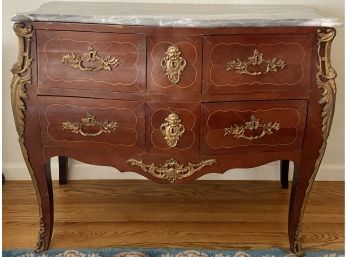 Gorgeous Victorian Marble Top Bombay Wood Bureau With Brass Ormolu Accents And Pulls