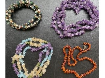 Collection Of Gemstone Strand Necklaces & Wrap Bracelets Including Amethyst, Quartz, & Amber