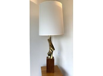 Stunning Mid Century Sculptural Brass Lamp With Wood Base