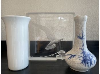 Grouping Of Vintage Home Decor Including Lucite Etched Seagull & Small Rosenthal Vase