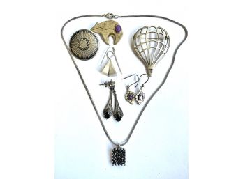 Fabulous Collection Of Sterling Silver Jewelry Pieces Including Zuni Bear And Balloon Pendant