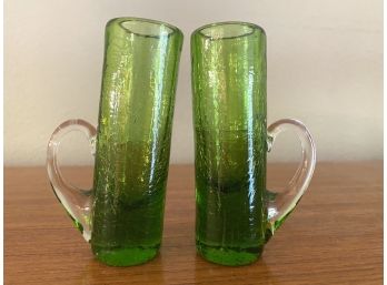 Pair Of Two Green Glass Shot Glasses With Clear Handles
