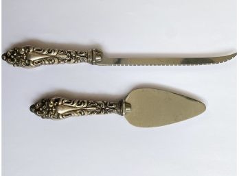 Ornate Cake Knife And Serving With Sterling Silver Repousse Handle