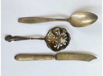Group Of Three Antique Serving Pieces Including Sterling Silver Strainer Spoon