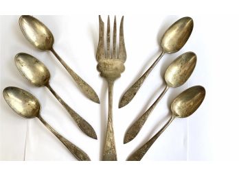 Gorgeous Antique Sterling Silver Flatware Pieces Including Six Floral Etched Spoons & One Serving Fork