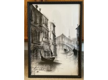 Vintage Signed Graphite Style Canal Sketch Of Venice Gondolier