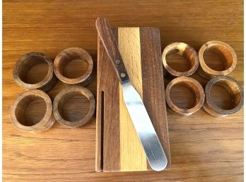 Vintage Bread Board With Spreading Knife And Wood Napkin Holders