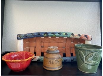 Collection Of Home Decor Including Signed Lattice Woven Bread Basket And Nut Jar With Cork Stopper