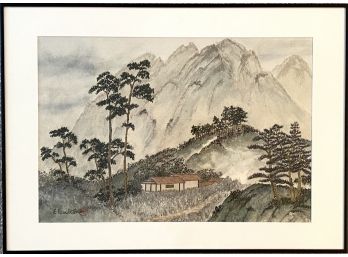 Original Watercolor Of Rural Asian Mountain Village By E. Boulton