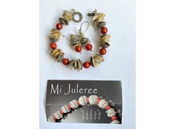 Gorgeous Mi Juleree Sponge Coral, Silver & Pewter Bracelet & Earring Set