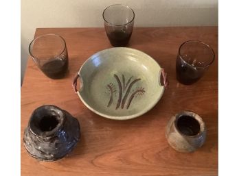 6 Earth Toned Decor Items Including Salt Glazed Pottery Pieces