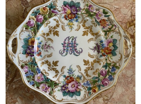 Colorful Antique Dresden Germany Hand Painted Reticulated Plate With Monogram- Signed