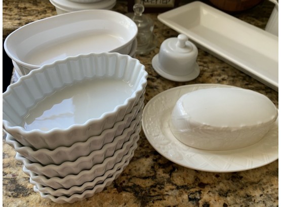 Collection Of White Kitchen Essentials Including Corningware, Lidded Butter Dishes, Mikasa