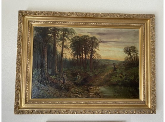 19th Century Fine British Tonal Oil On Canvas Farming Landscape With Signature (Repairs)