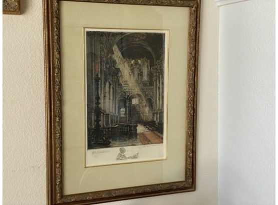 Interior Cathedral Colored Etching With Pencil Drawn Organ Player Signed And Framed