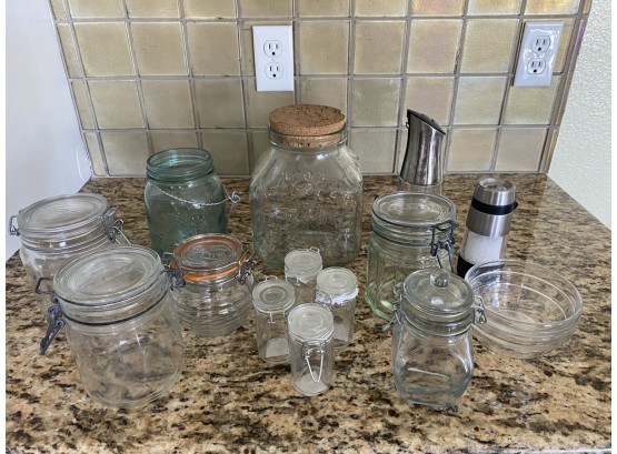 Collection Of Clear Glass Bottles & Lidded Jars Including Oil And Vinegar Dispenser