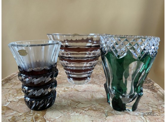 3 Belgium Heavy Colored And Leaded Crystal Vases