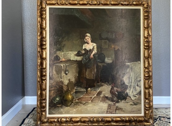 Exceptional Large Antique Oil On Canvas Woman With Roosters In Kitchen- Signed