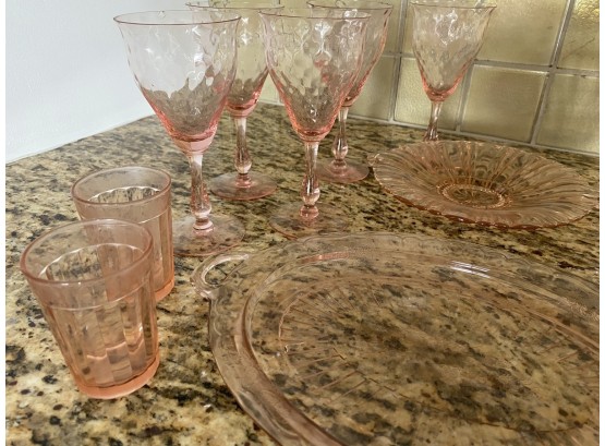 Compatible Set Of 13 Pieces Of Pink Depression Glass