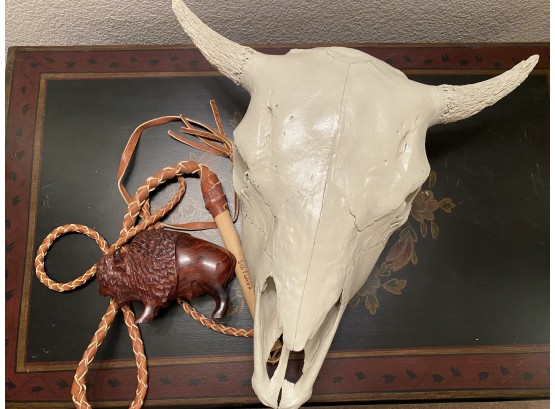 Southwestern Collection Of Cow Skull, Six Flags Whip, & Carved Wooden Bison