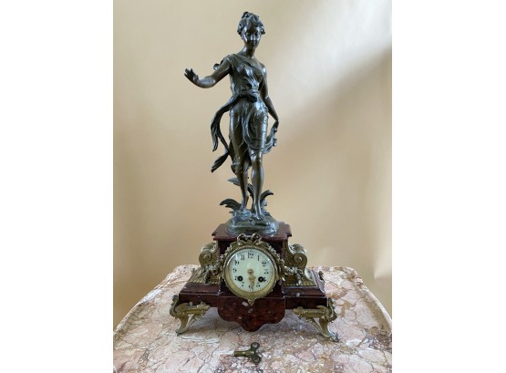 Antique French Spelter Figure Mantle Clock 'Passage Difficile' Ernest Justin Ferrand (1846-1932) Marble Base