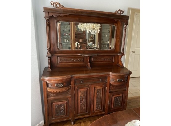 Antique Carved Sideboard Buffet With Beveled Mirror Hutch Top