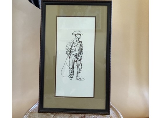 Vintage 1959 R. Crouch Smoking Cowboy Print With Frame