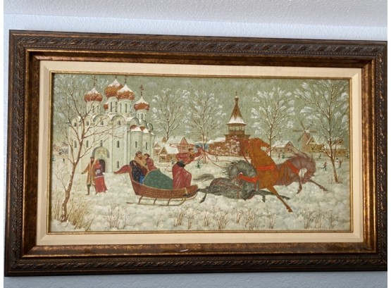 Fantastic Original Russian Oil Painting With Folk Sleigh Scene