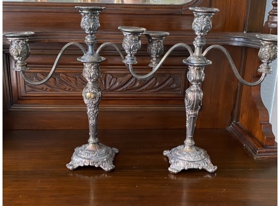 Pair Of 2 Rogers Brothers Ornate Silver Plate Candelabras