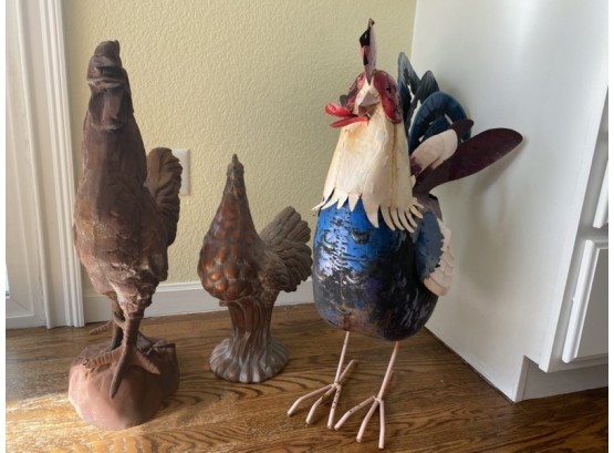 Wonderful Lot Of 3 Tall Standing Roosters For Farmhouse Decor Including One Cast Iron Rooster