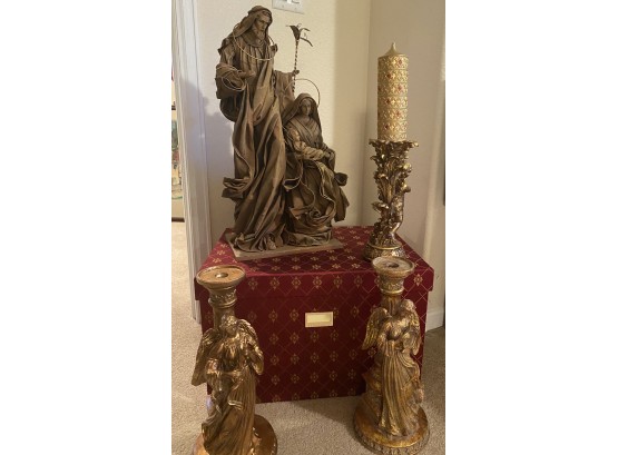 Joseph & Mary Canvas Statues With Christmas Candle Holders From Elk Meadow Antiques