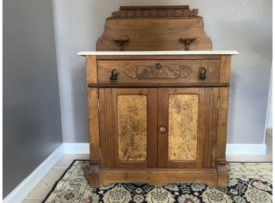 Antique Burled Wood Commode With Marble Top And Drawer Pulls