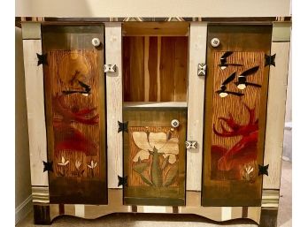 Taos Artist Elise Covlin Custom Carved & Painted Wood Console With Moose, Birds, & Flowers