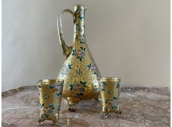 Exceptionally Pretty Hand Painted Gold Bohemian Glass Carafe Set