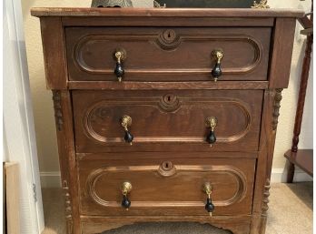 Three Drawer Antique Commode With Barley Twist Inlay Carvings And Dove-tailed Drawers