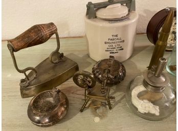Awesome Vintage & Antique Curiosity Lot Including Bullet Shell, Charger, And Scientific Testing Pottery Jar