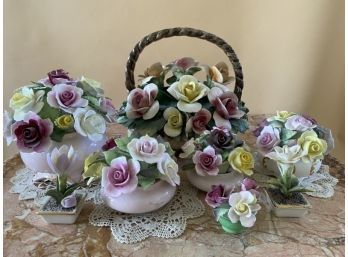 Capodimonte 8pc Basket And Bowls Filled With Roses