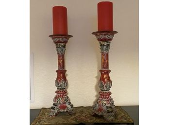 Gorgeous Red Pair Of Tall Candlesticks Measuring 16'each
