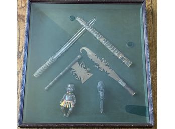 Carved African Tribal Doll, Ebony Carved Bust,  & Weapons In Green Velvet Lined Shadow Box