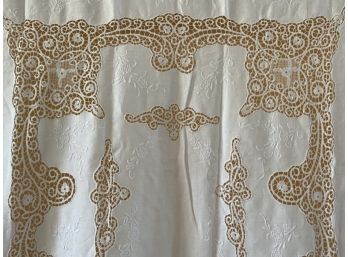 Exceptional Edwardian Large Linen Tablecloth With Battenberg Lace & Embroidery
